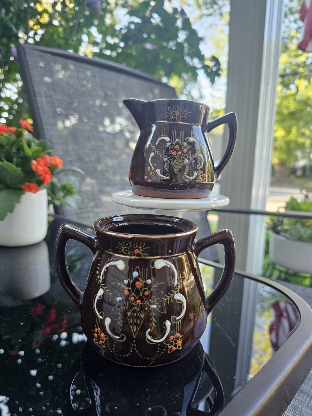 Vintage Japanese Moriage Redware Creamer & Sugar Bowl Base - As Is / Missing Lid